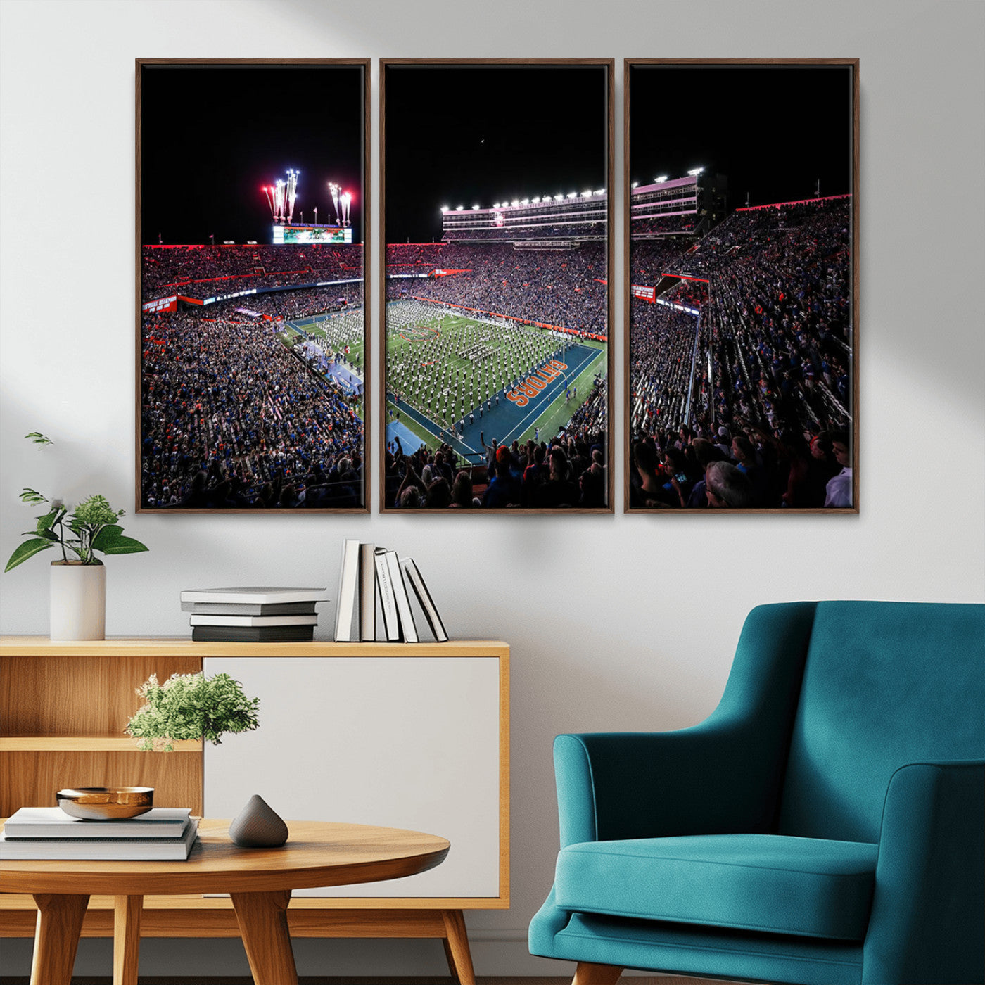 MGV-FC-48X32-3P - Ben Hill Griffin Stadium Night Game Triple Canvas Wall Art - Florida Gators Football Match