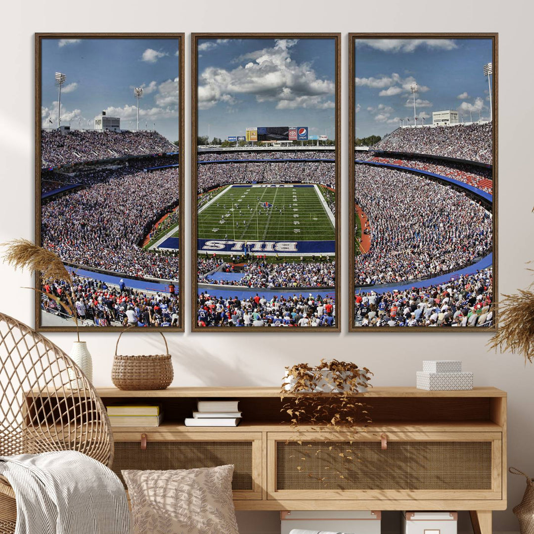 Our Buffalo Bills Game Day Canvas captures a vibrant scene at Highmark Stadium, with a lively crowd under a partly cloudy sky.