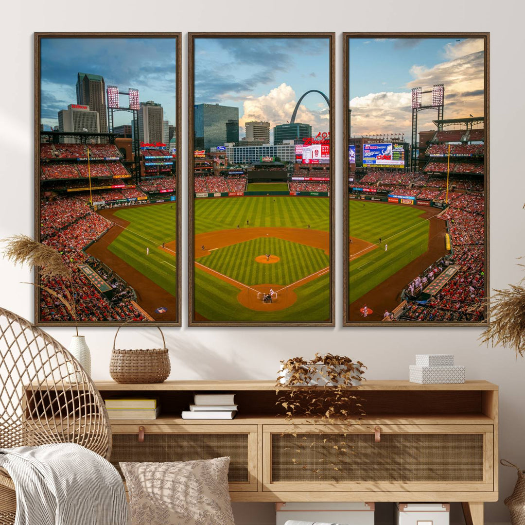 A Busch Stadium canvas print featuring a cityscape, ideal for enhancing living room or man cave sports decor.