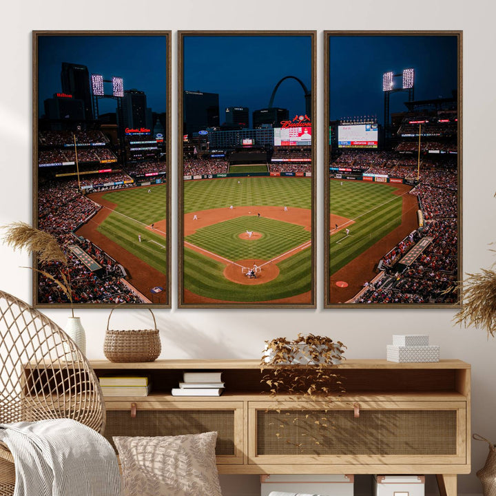 A St. Louis Cardinals Baseball Team print of Busch Stadium at night adorns the wall.