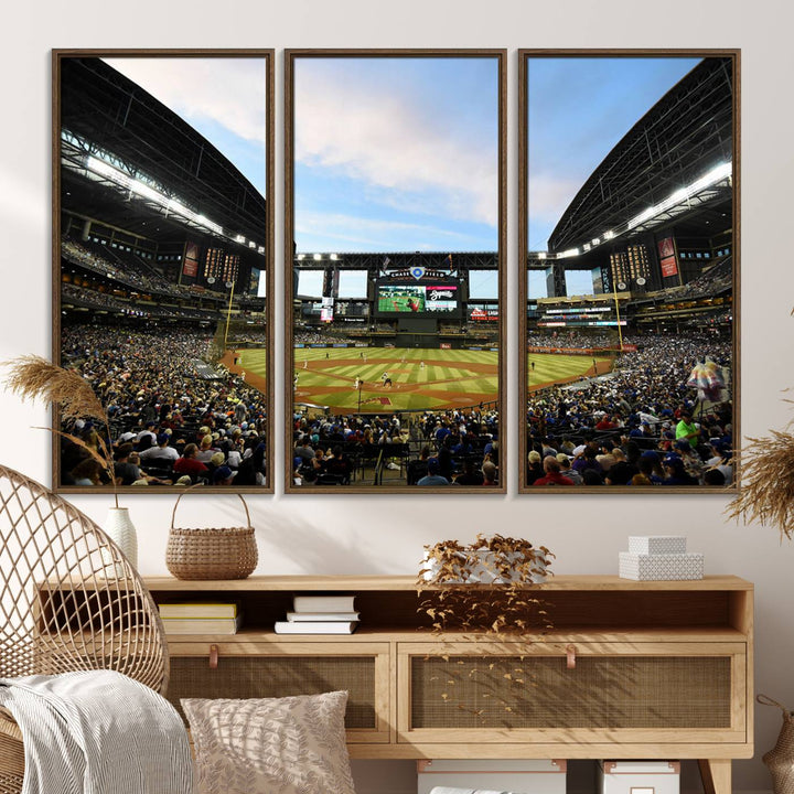 The wall art is an Arizona Diamondbacks Baseball Print depicting a packed Chase Field Stadium under a clear blue sky.