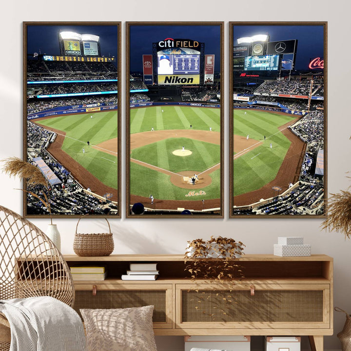 The wall is adorned with a 3-panel Citi Field Wall Art Print, framed for sports-themed decor.