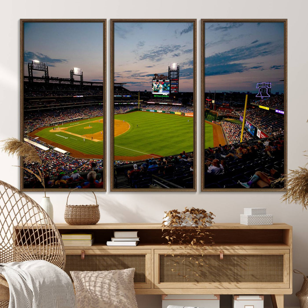 A wall art piece depicting the Philadelphia Phillies Citizens Bank Park Stadium at dusk.