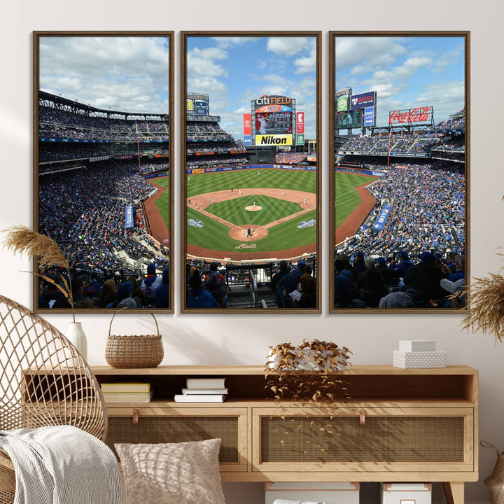 A wall art piece featuring a New York Mets Baseball Team print of Citi Field during a thrilling game under a blue sky.