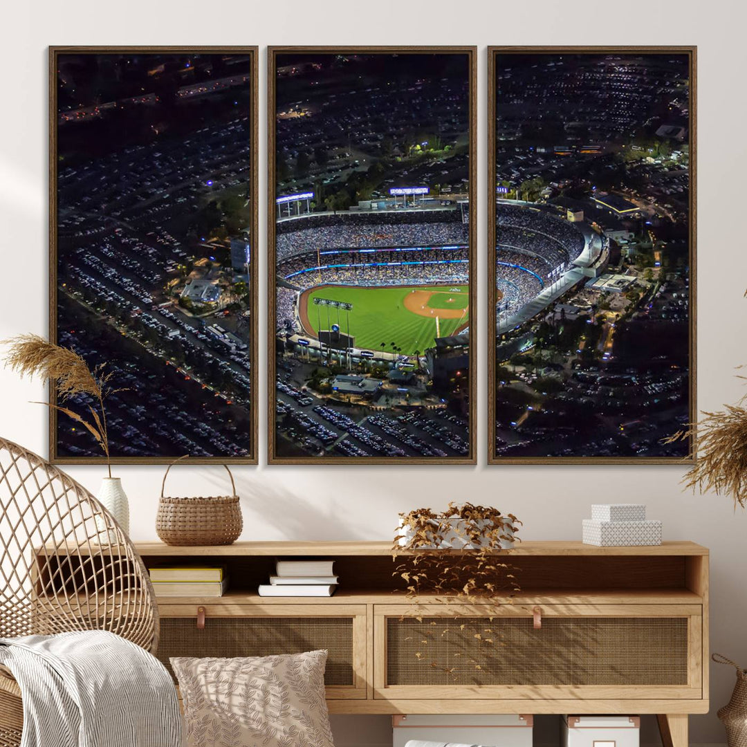 A large Los Angeles Dodgers print of Dodger Stadium at night is displayed near a window.