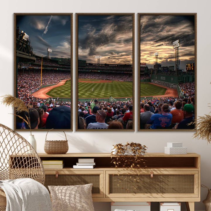 Boston Red Sox canvas print of Fenway Park at sunset, ideal for sports fans.