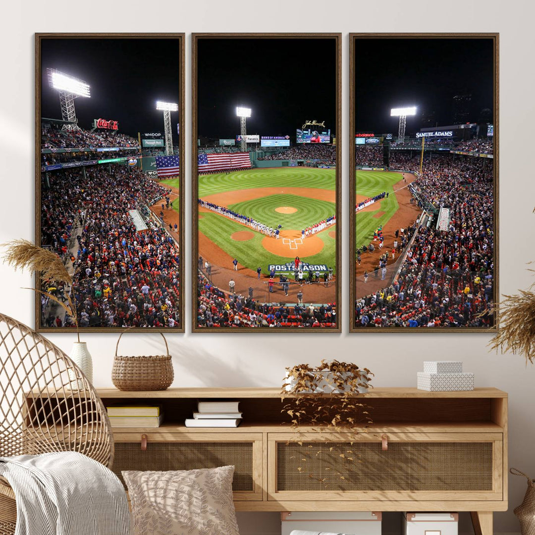 The Fenway Park Wall Art Canvas Print showcases a stunning aerial view of Bostons iconic ballpark at night, making it an ideal piece for any Red Sox enthusiast.