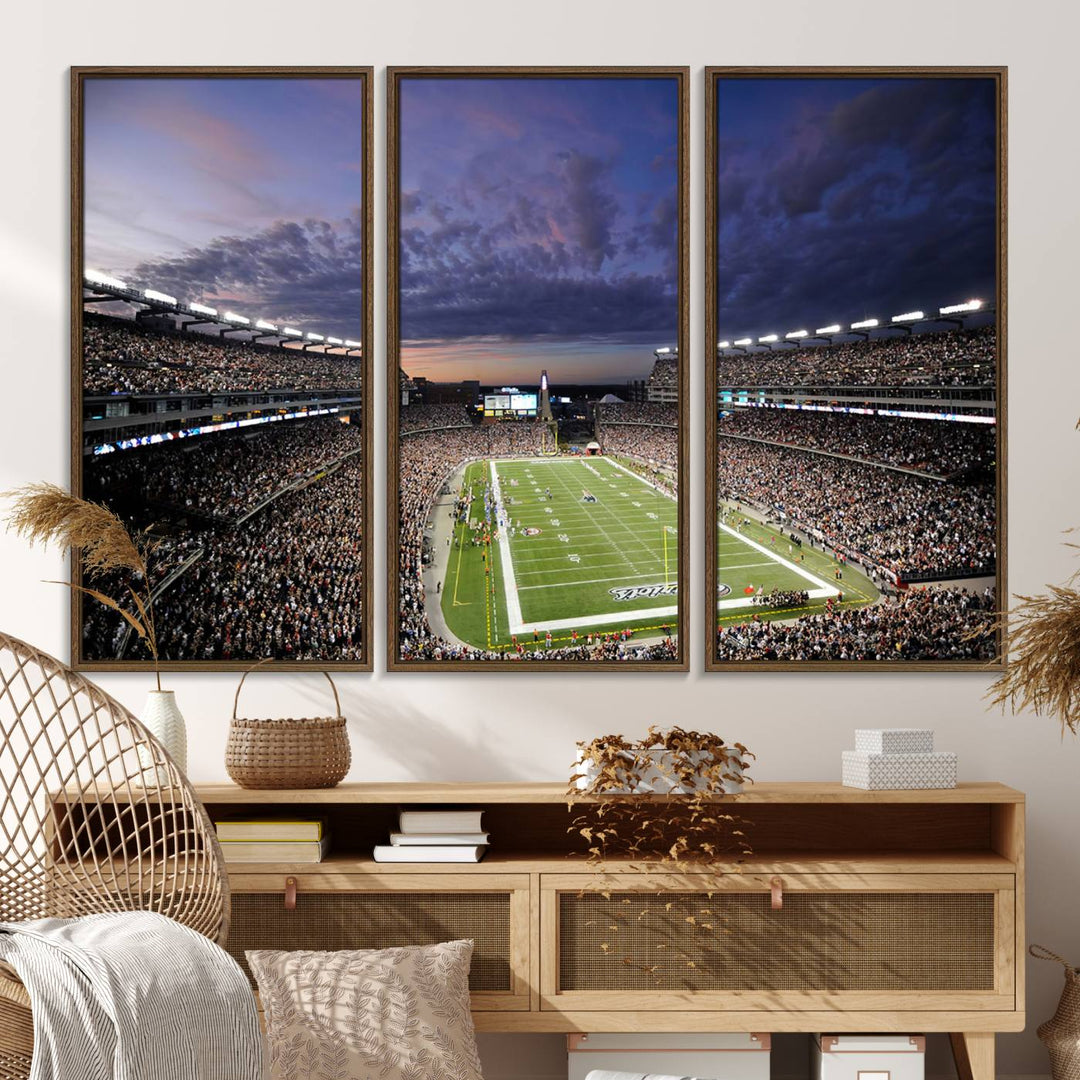 A large New England Patriots Foxborough Gillette Stadium wall art canvas print at sunset.