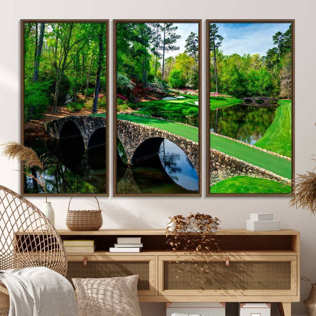 The wall art from Augusta National Golf Club showcases a panoramic bridge set against rich, lush greenery on a framed triptych canvas.