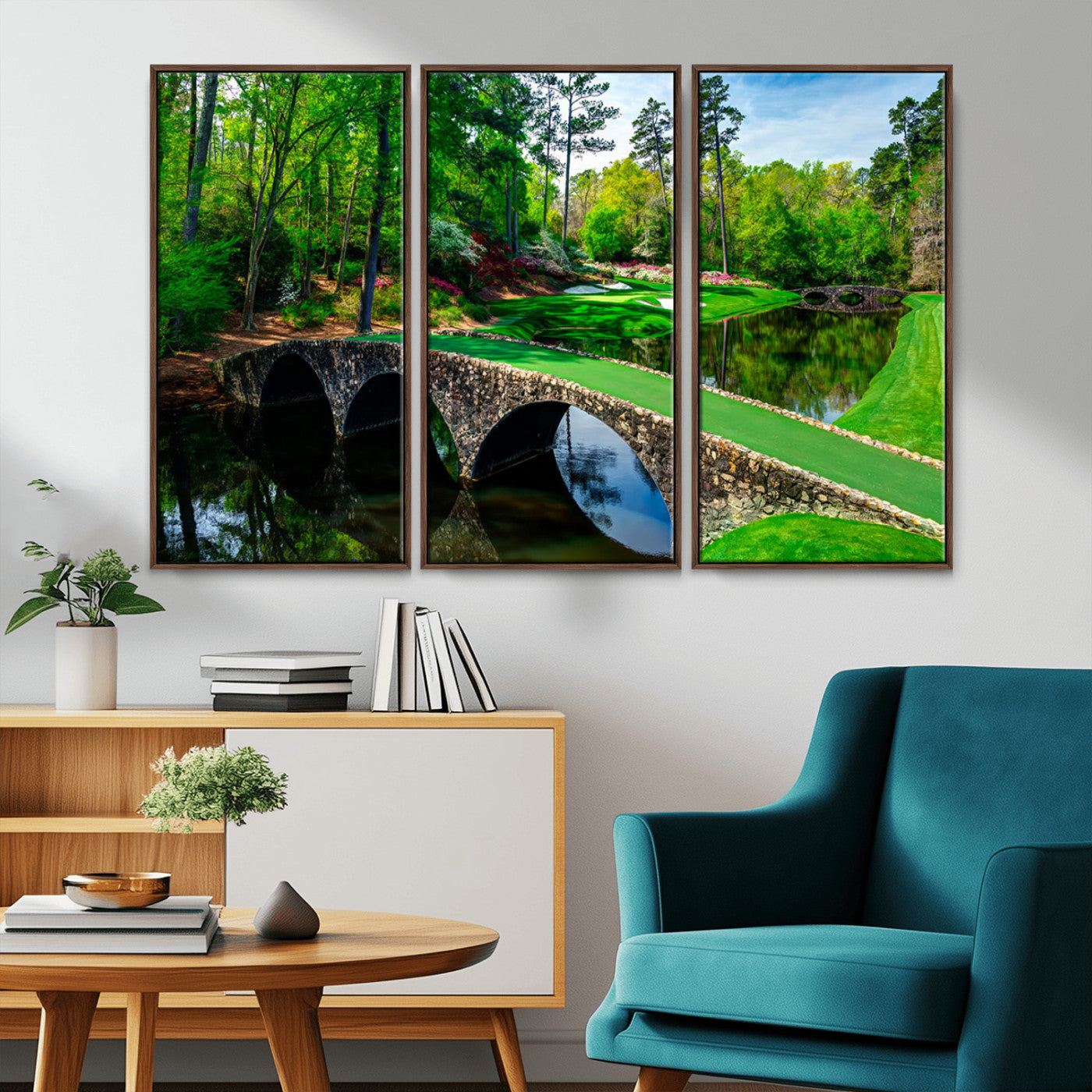 MGV-FC-48X32-3P - Augusta National Golf Club Wall Art - Panoramic Bridge & Lush Greenery – Premium Framed, Ready-to-Hang Triptych Canvas