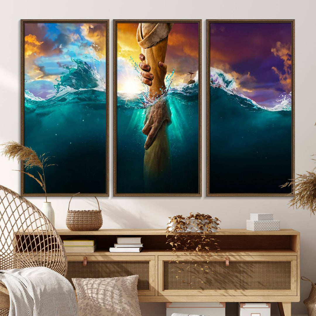 The God Hand Wall Art Canvas Print depicts hands reaching through water against a vibrant sky.