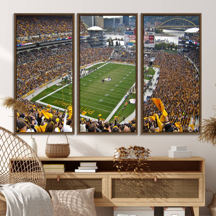 Heinz Field wall art and a cityscape serve as the backdrop.