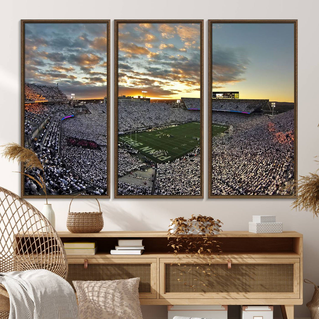 Enhance your dining area with team spirit by mounting the Beaver Stadium Wall Art, capturing sunsets in elegant style.