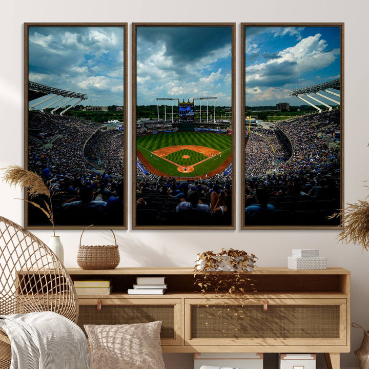 A 3-panel print of Kauffman Stadium, showcasing a crowded baseball field under cloudy skies.