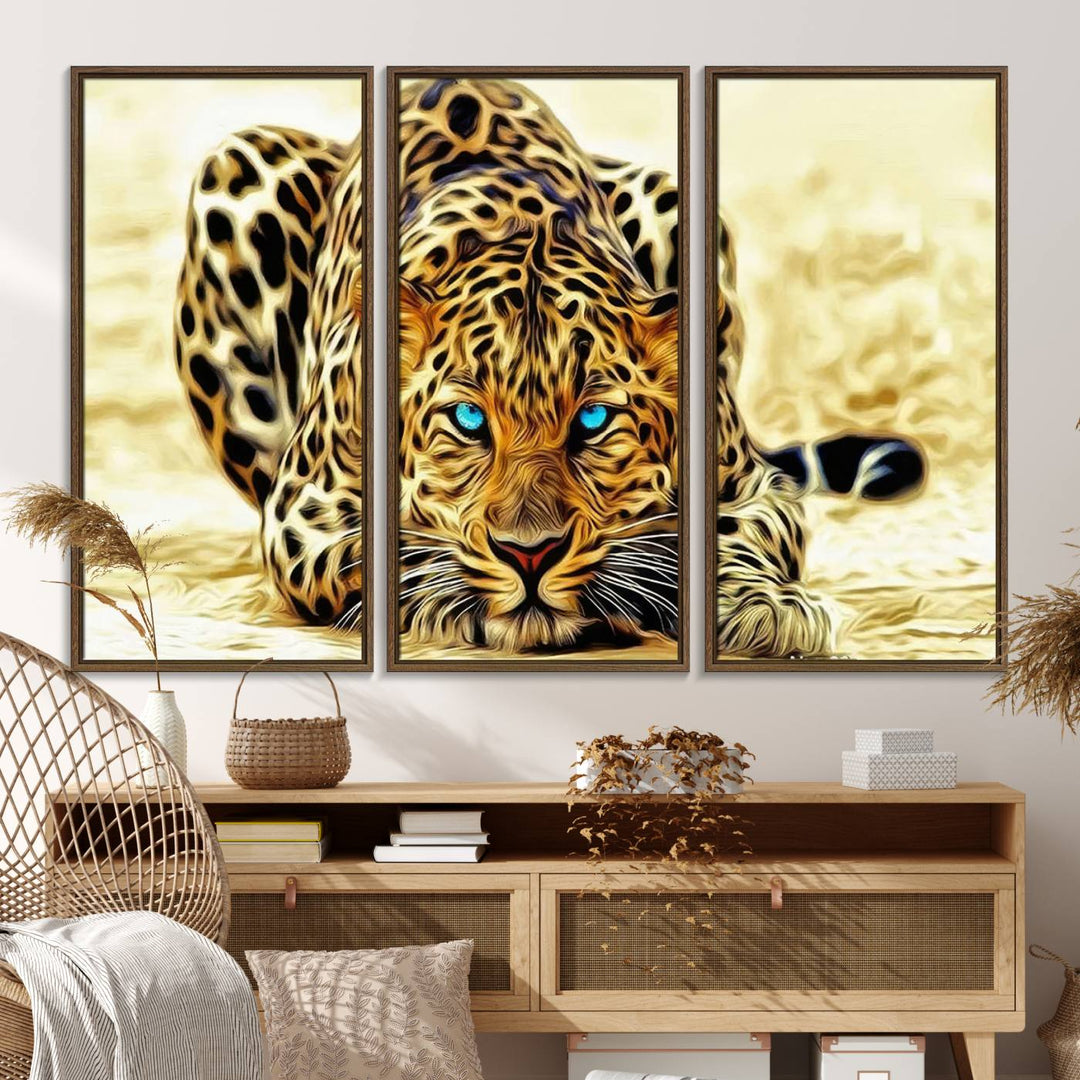 The Blue-Eyed Leopard Canvas Wall Art features a fierce and captivating design, perfect for wildlife enthusiasts. Its bold imagery makes it a striking decor piece, ready to hang.