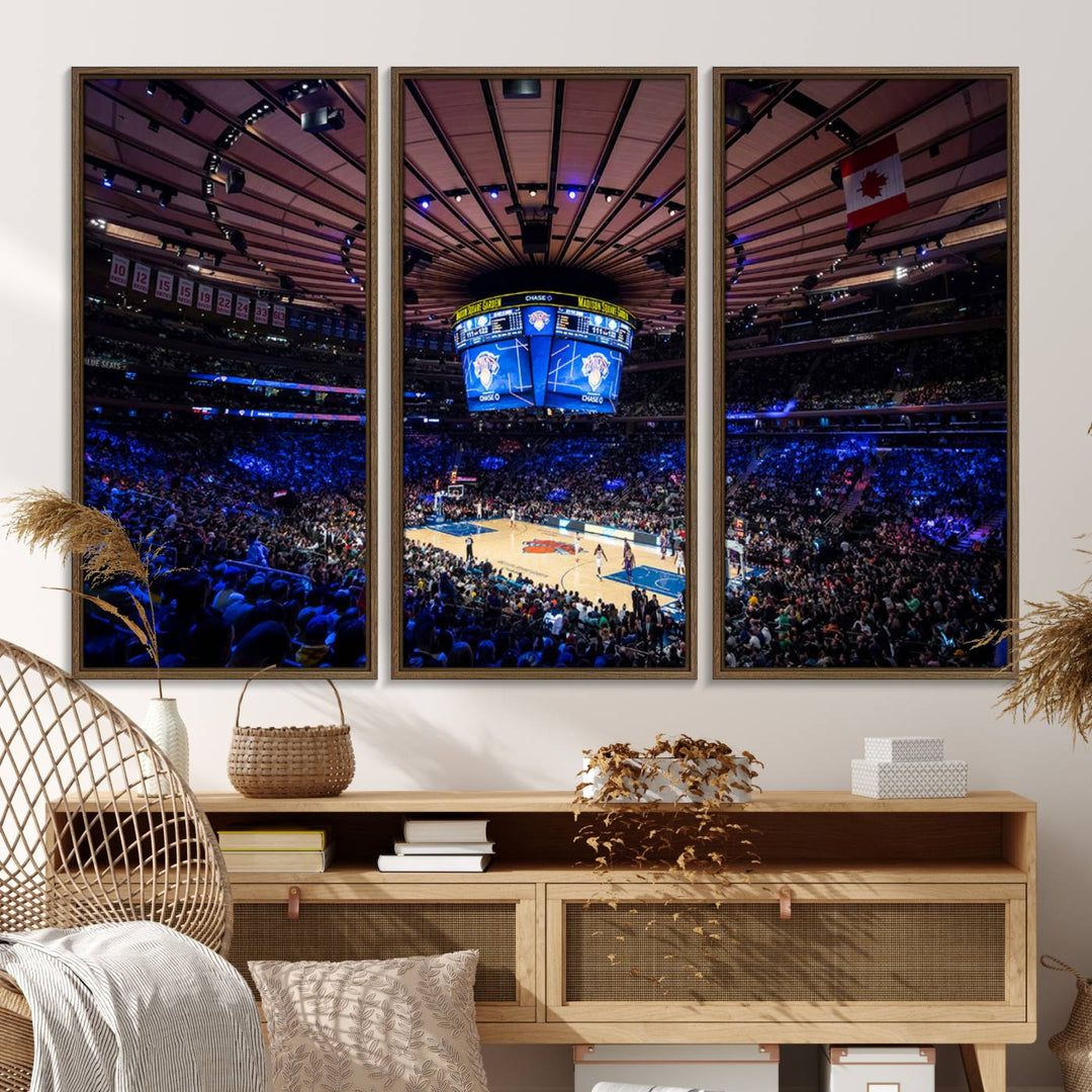 A print depicting an NBA game at Madison Square Garden, highlighting the scoreboard.