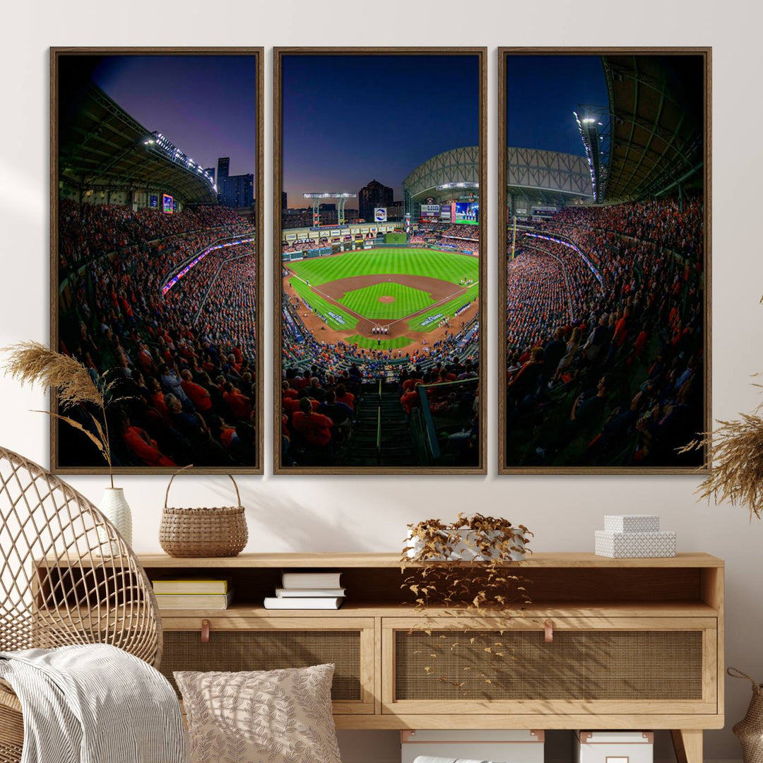 A canvas print of Houston Minute Maid Park at dusk is mounted on the wall.