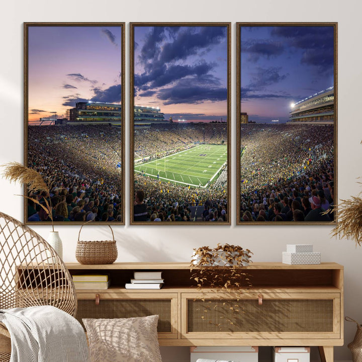 As the sun sets, a stunning backdrop highlights the Notre Dame Fighting Irish Football Team Print.