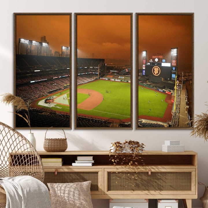 A canvas depicting an Oracle Park game with an orange sky, from SF Giants Stadium Wall Art.