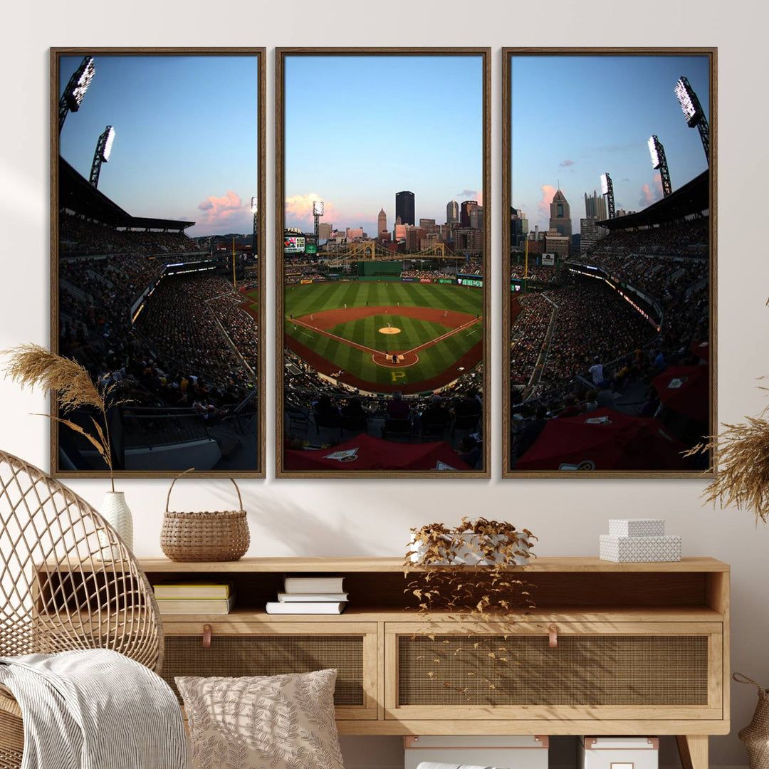 The PNC Park Evening Game Canvas, featuring a skyline backdrop, is displayed on the wall.