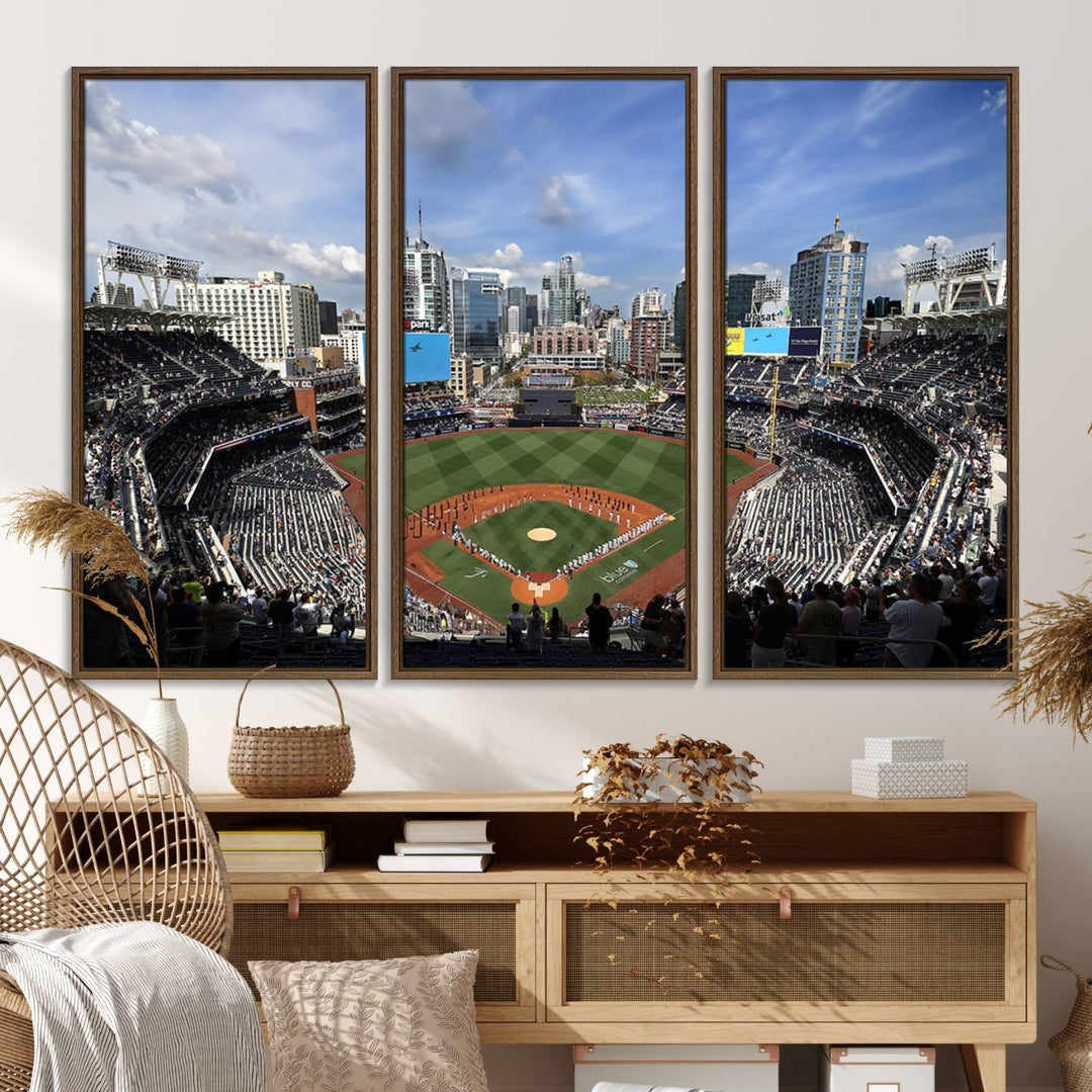 The San Diego Padres Baseball Canvas Print of Petco Park enhances the modern kitchen-dining area.