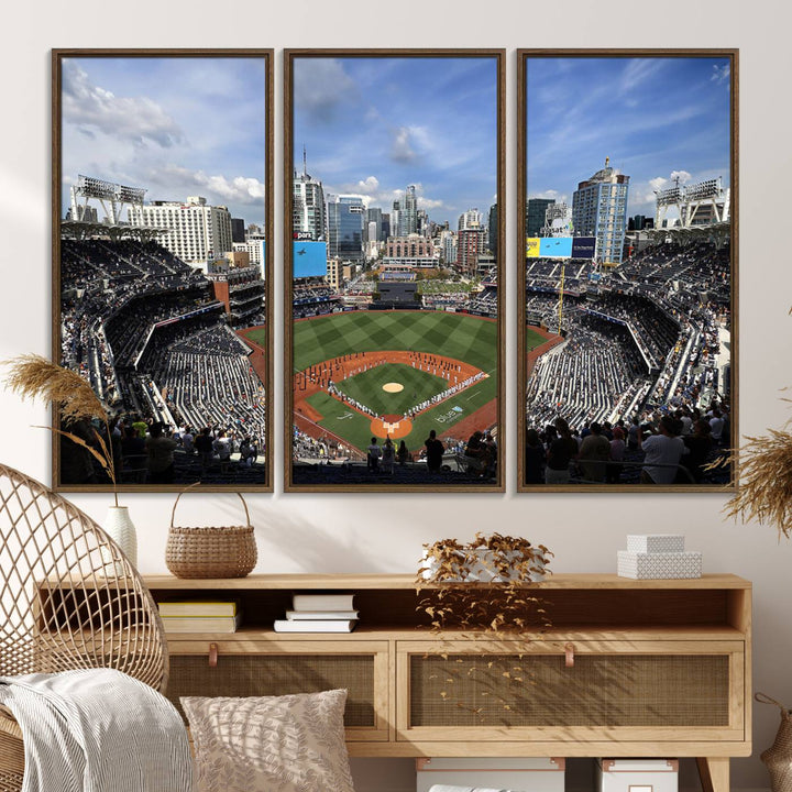 The San Diego Padres Baseball Canvas Print of Petco Park enhances the modern kitchen-dining area.