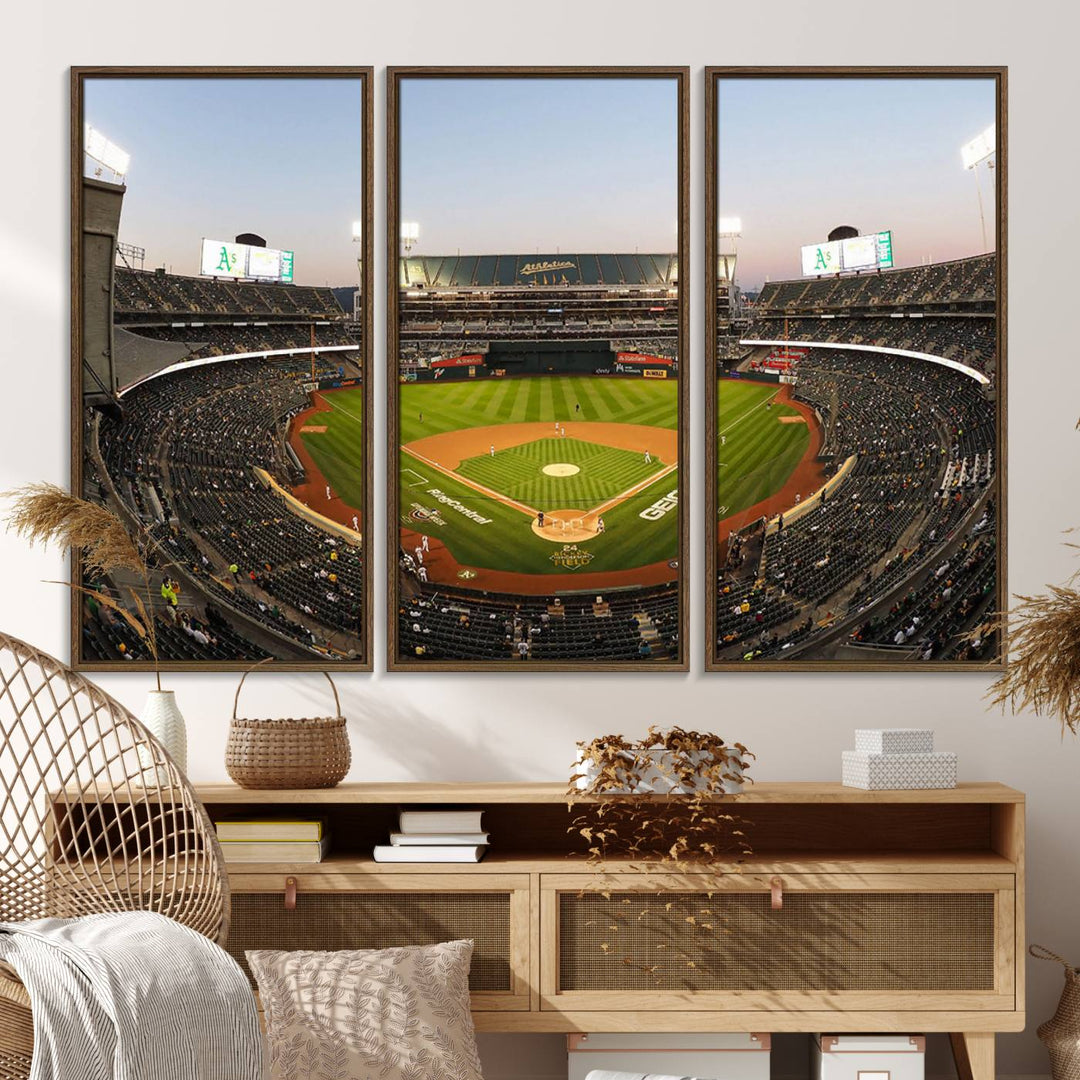 Oakland Athletics wall art canvas featuring the interior of RingCentral Coliseum Stadium.