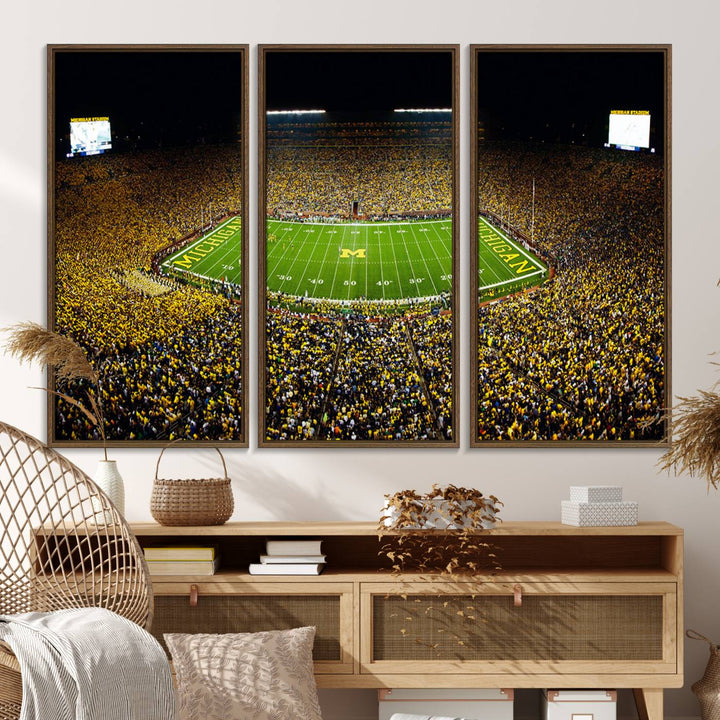 Aerial view of Michigan Stadium night game, ideal for Michigan Wolverines Football Team displayed on a triple canvas wall art.