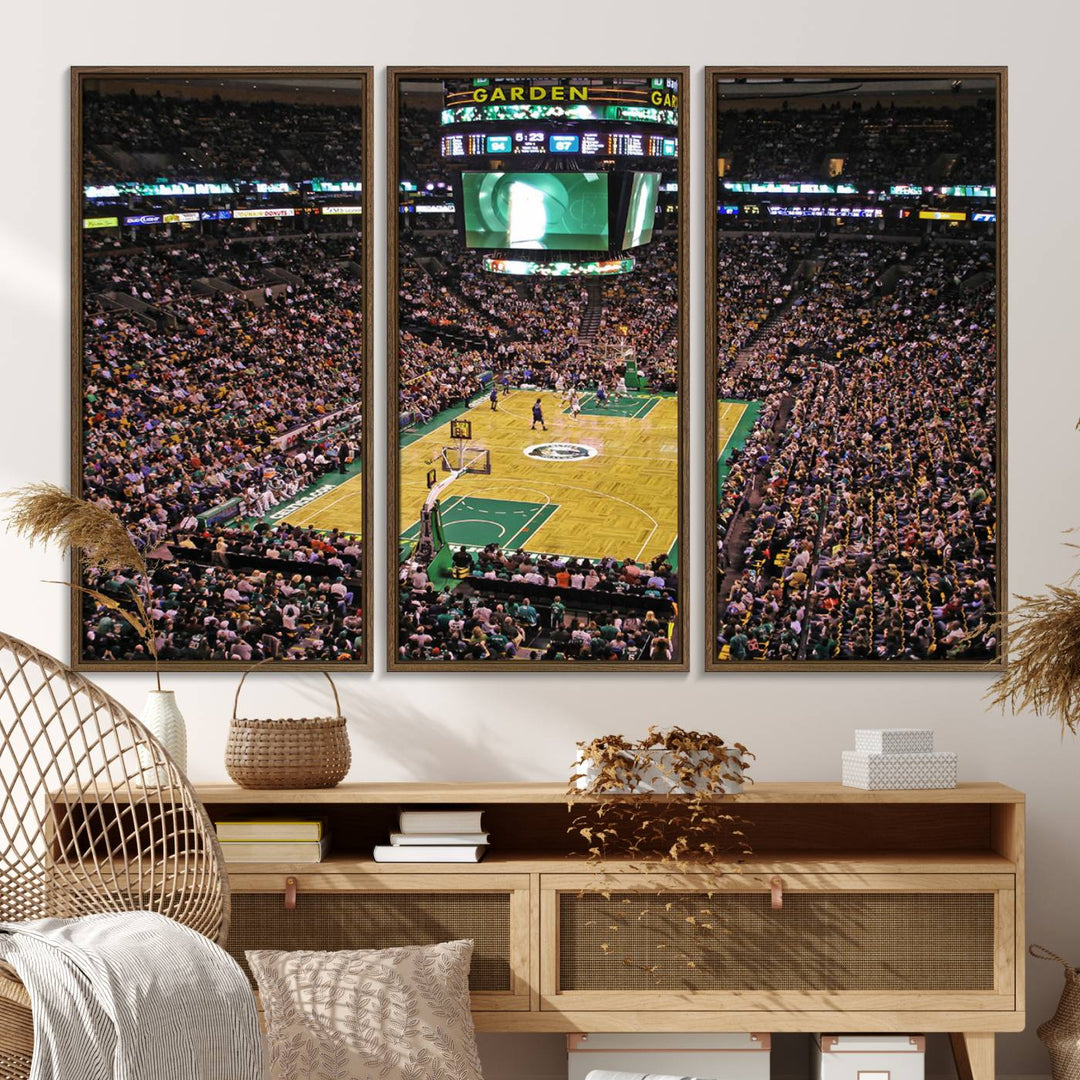 A vibrant depiction of a TD Garden basketball game is beautifully captured in the Boston Celtics Triple Canvas Wall Art, which comes framed and ready to hang.