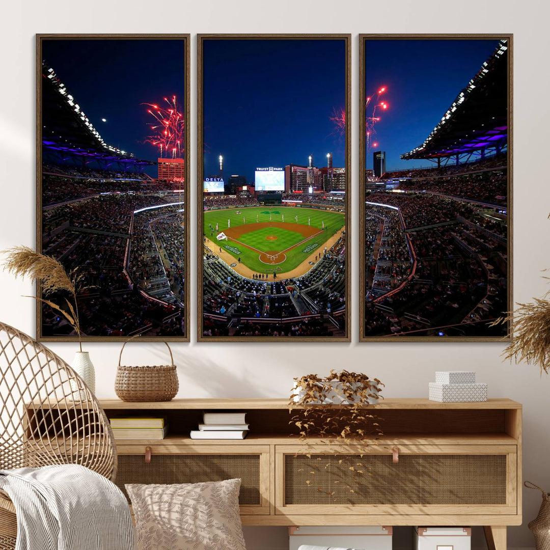 Truist Park wall art: fireworks over a Braves crowd, a large 3-panel canvas, framed and ready-to-hang.