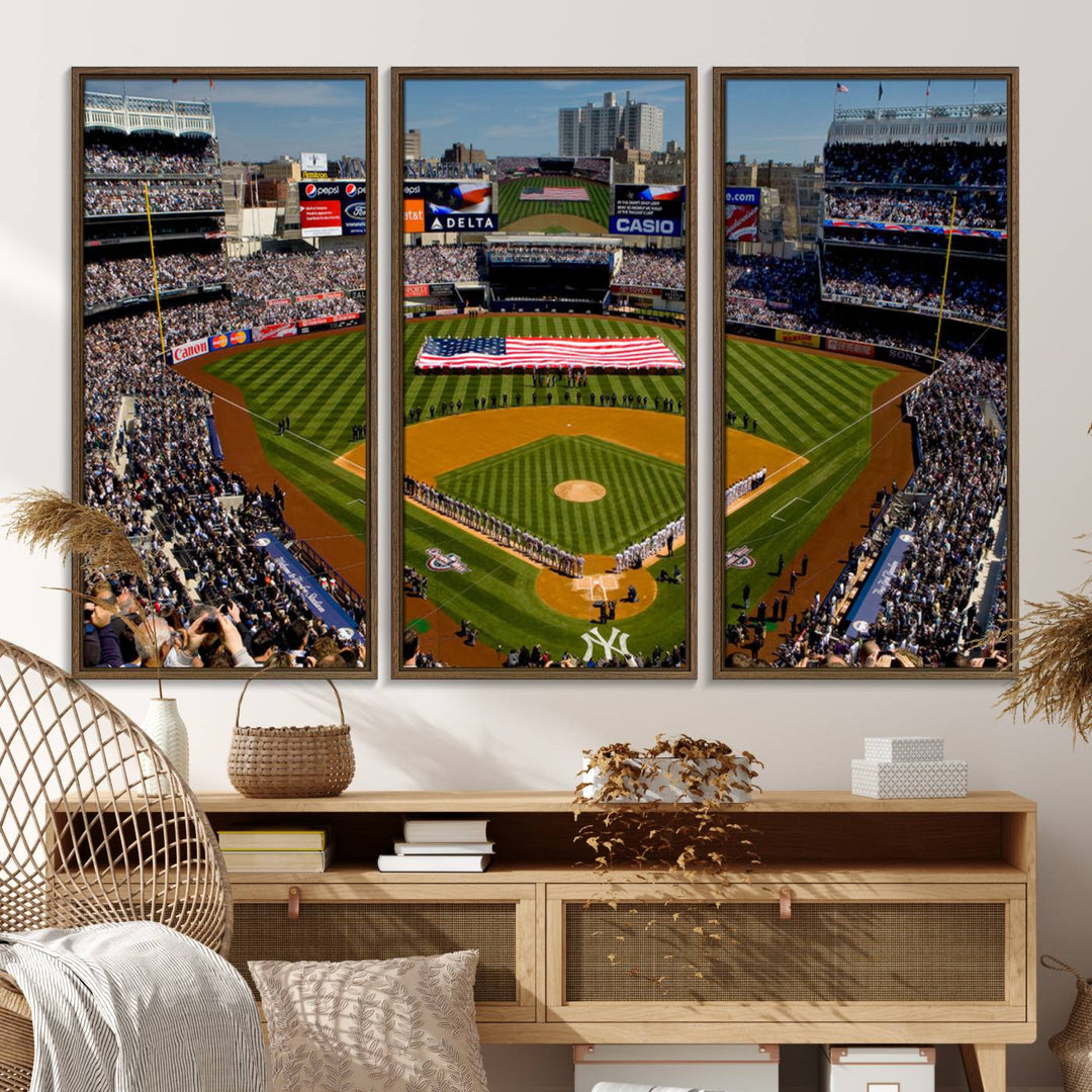 The Yankee Stadium New York wall art print features a vibrant scene of baseball fans with a large flag and players, expertly capturing the spirit of the game. This ready-to-hang décor is perfect for adding a dynamic touch to any space.