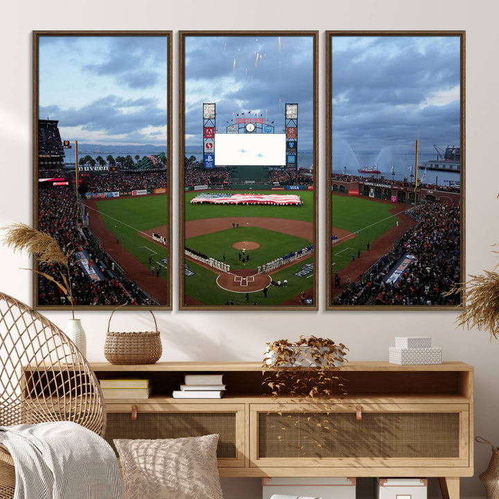 This framed 3-panel canvas MLB wall art features a giant flag and fans under a cloudy sky at Oracle Park.