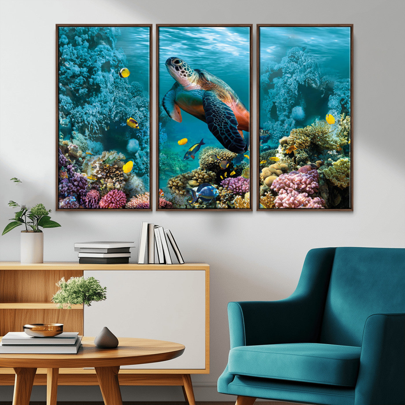 MGV-FC-48X32-3P - Sea Turtle and Coral Reef Triptych Wall Art – Vibrant Underwater Scene Canvas Set for Ocean Lovers and Coastal Decor – Ready to Hang 3-Panel Artwork