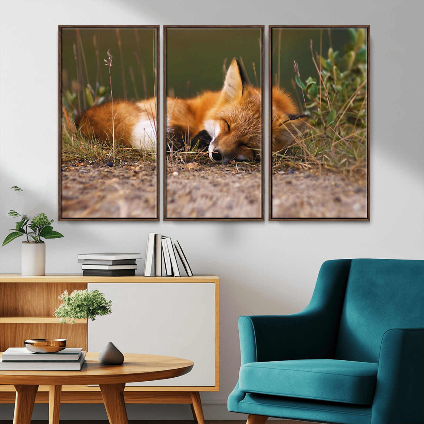 25085-MGV-FC-48X32-3P_Walnut-Sleeping Fox Wall Art Canvas Print, Farmhouse Wall Decor and Animal Wall Art Print