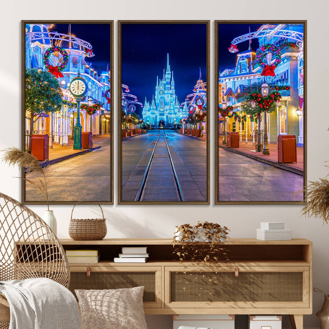 Disney wall art featuring a fantasy castle street at night.