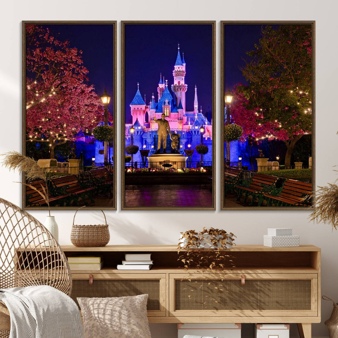 The Castle Large Wall Art is surrounded by illuminated trees at night.