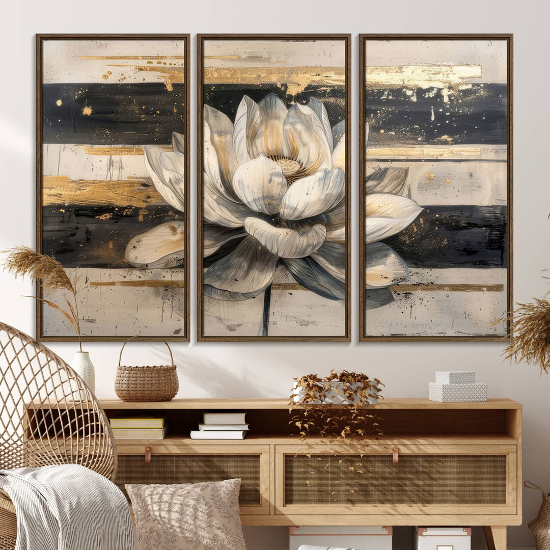 The wall is adorned with an Abstract Lotus Flower Wall Art Canvas Print.