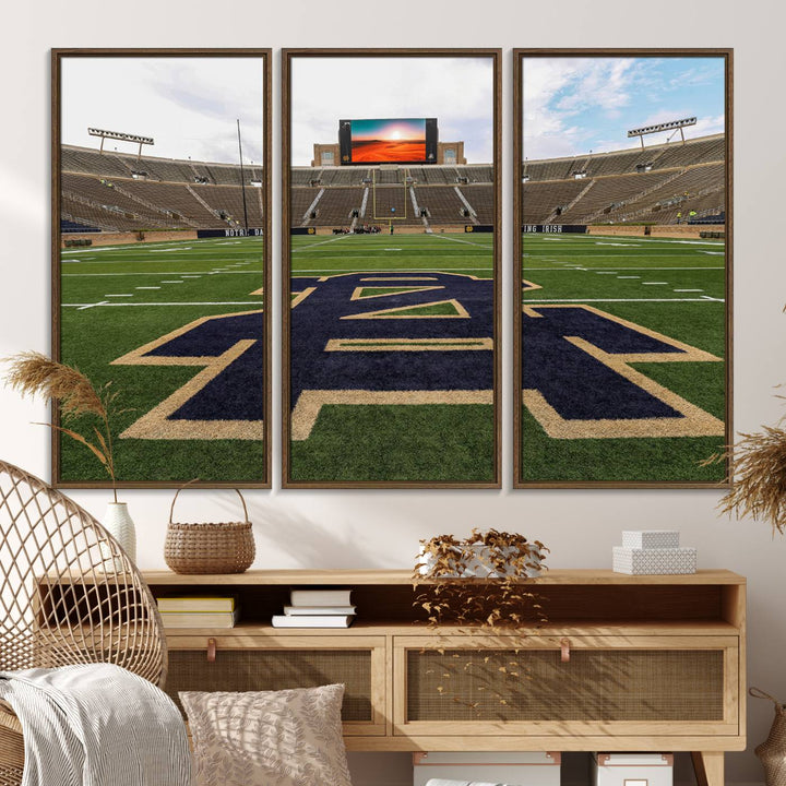 Notre Dame Stadium Triptych: This ready-to-hang giclee canvas print features a vibrant depiction of the football field adorned with an A logo and a stunning sunset.