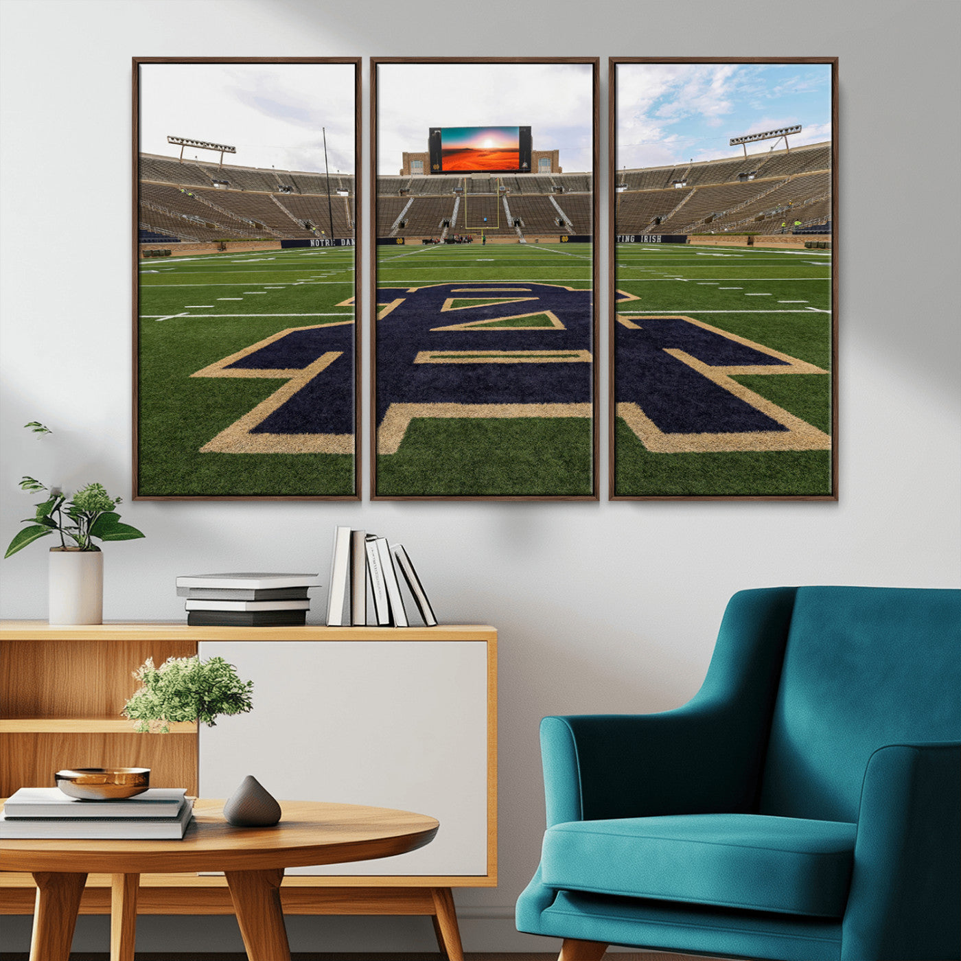 MGV-FC-48X32-3P - Notre Dame Stadium Giclee Canvas Print | Triptych Wall Art Featuring Iconic Notre Dame Football Field | Ready-to-Hang Sports Stadium Decor