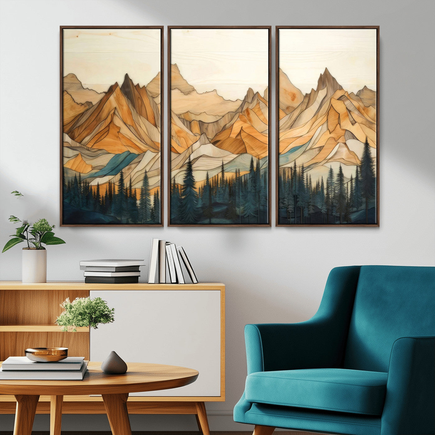 -Rustic Wood Mountain Wall Art Print | Triptych Giclee Print Featuring Handcrafted Forest and