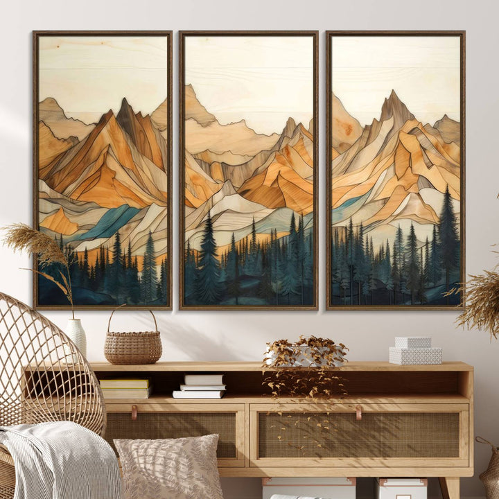 A triptych giclee print of mountains decorates the wall above the counter.