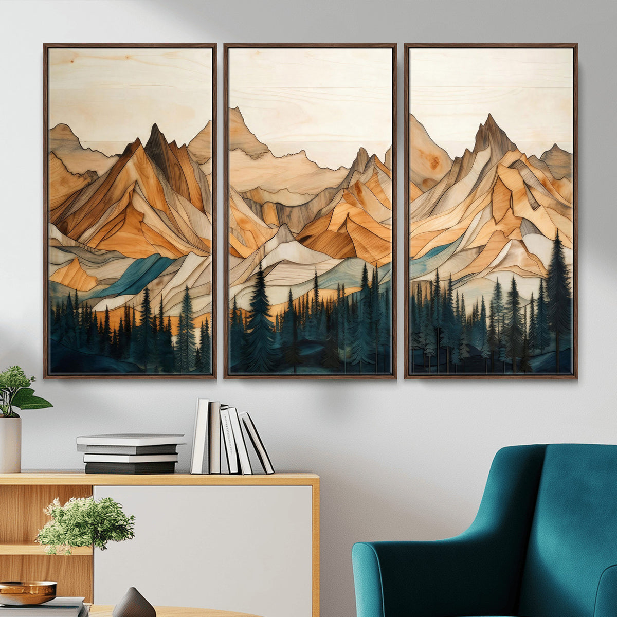 31576-PAN-FL-20X10 - Rustic Wood Mountain Wall Art Print | Triptych Giclee Print Featuring Handcrafted Forest and