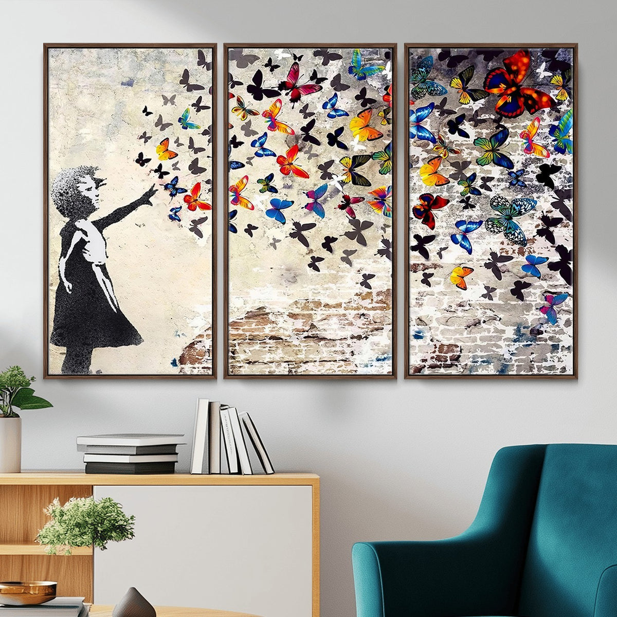 97895-MGV-CV-24X16 - Banksy Graffiti Wall Art Canvas Print, Girl Releasing Vibrant Butterflies