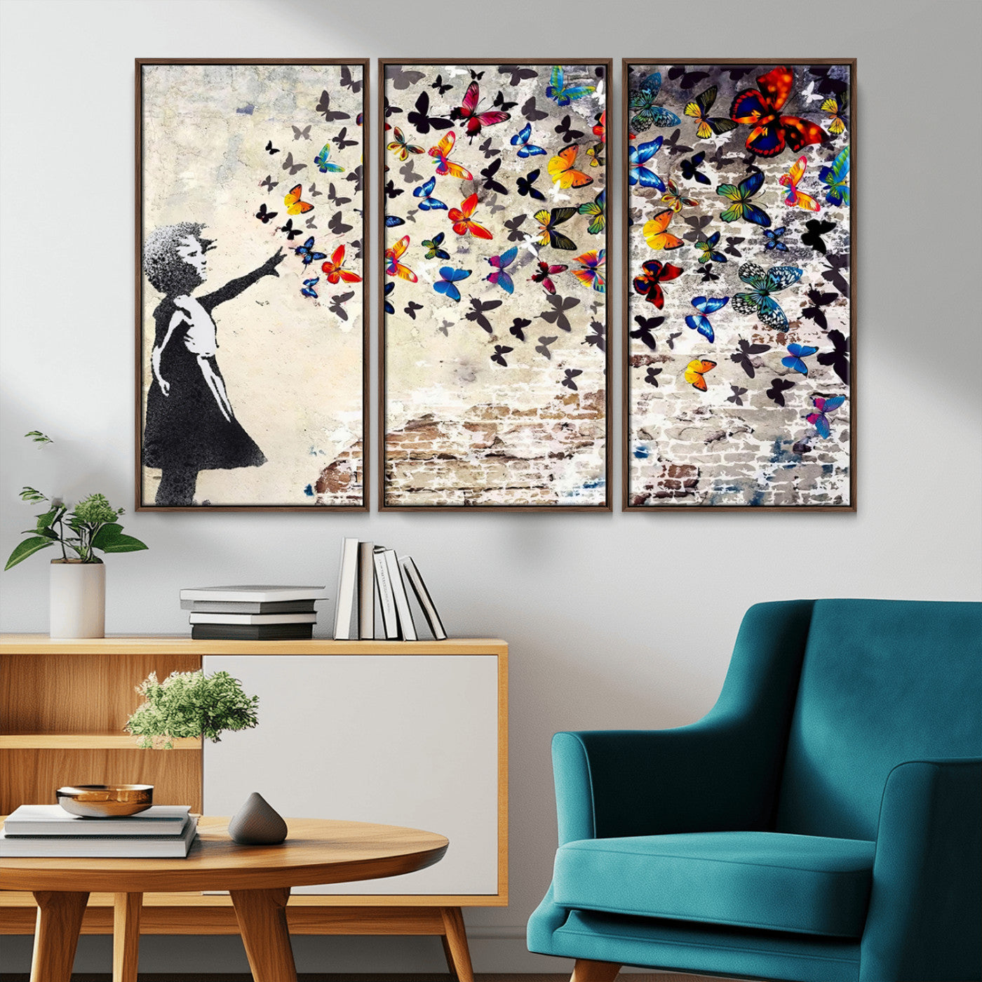 MGV-FC-48X32-3P - Banksy Graffiti Wall Art Canvas Print: Girl Releasing Vibrant Butterflies – Ready to Hang