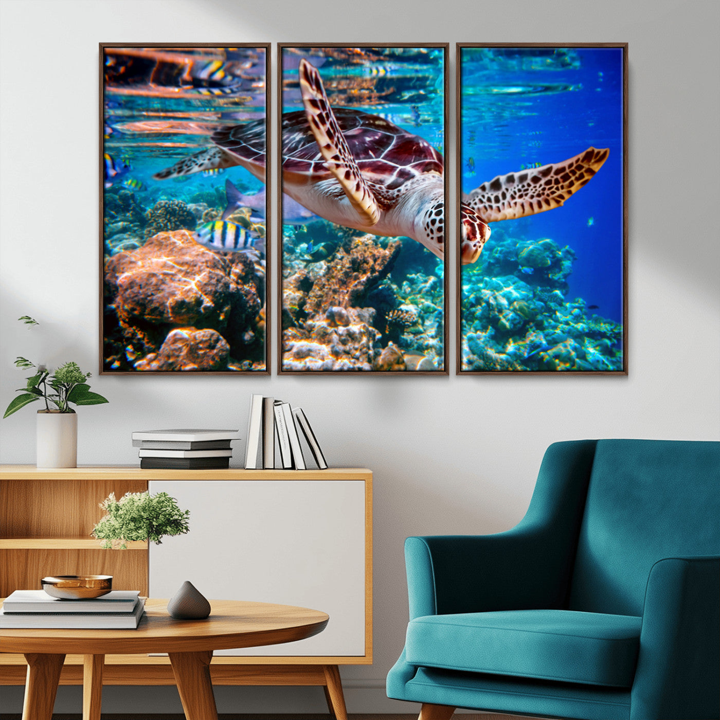 MGV-FC-48X32-3P - Underwater Coral Reef Sea Turtle Wall Art Canvas Print, Vibrant Marine Life | Colorful Ocean Scene