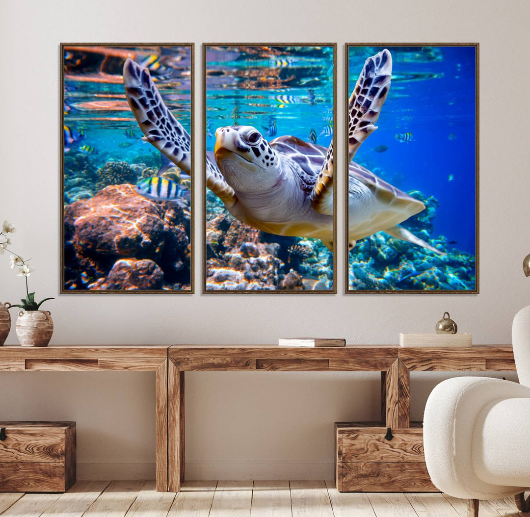 The Underwater Sea Turtle Wall Art Canvas Print serves as vibrant ocean décor, enhancing the kitchen with its stunning depiction.