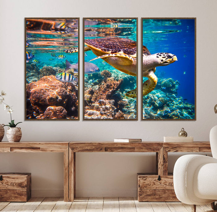 A Sea Turtle Wall Art Canvas Print features a colorful turtle swimming among coral. This artwork is ready to hang.