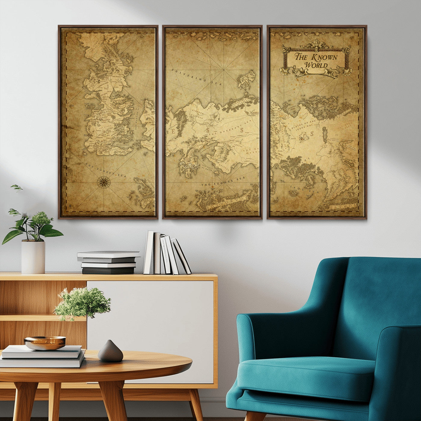 MGV-FC-48X32-3P - Vintage Game of Thrones Map Wall Art | Westeros and Essos Antique Style Print | The Known World in Triptych Canvas | Giclee Canvas for Fantasy Lovers