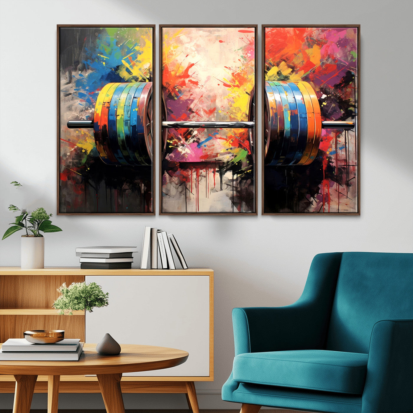 MGV-FC-48X32-3P - Weightlifting Barbell Art Triptych, Bold Abstract Fitness Wall Decor for Gym or Home, Giclee Canvas Print