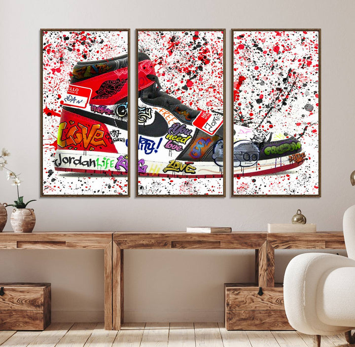 A Jordan Shoes Graffiti Canvas Print hangs prominently, perfect for sneakerheads and urban art lovers.